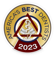 America's Best Dentists 2023 award badge for dental practice in Aurora, IL.