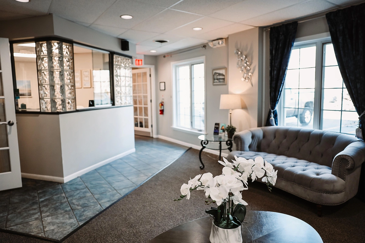 Welcoming reception and waiting area at dental practice in Aurora, IL.