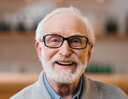 Smiling senior man at dental office in Aurora, IL welcoming dental implant patients.